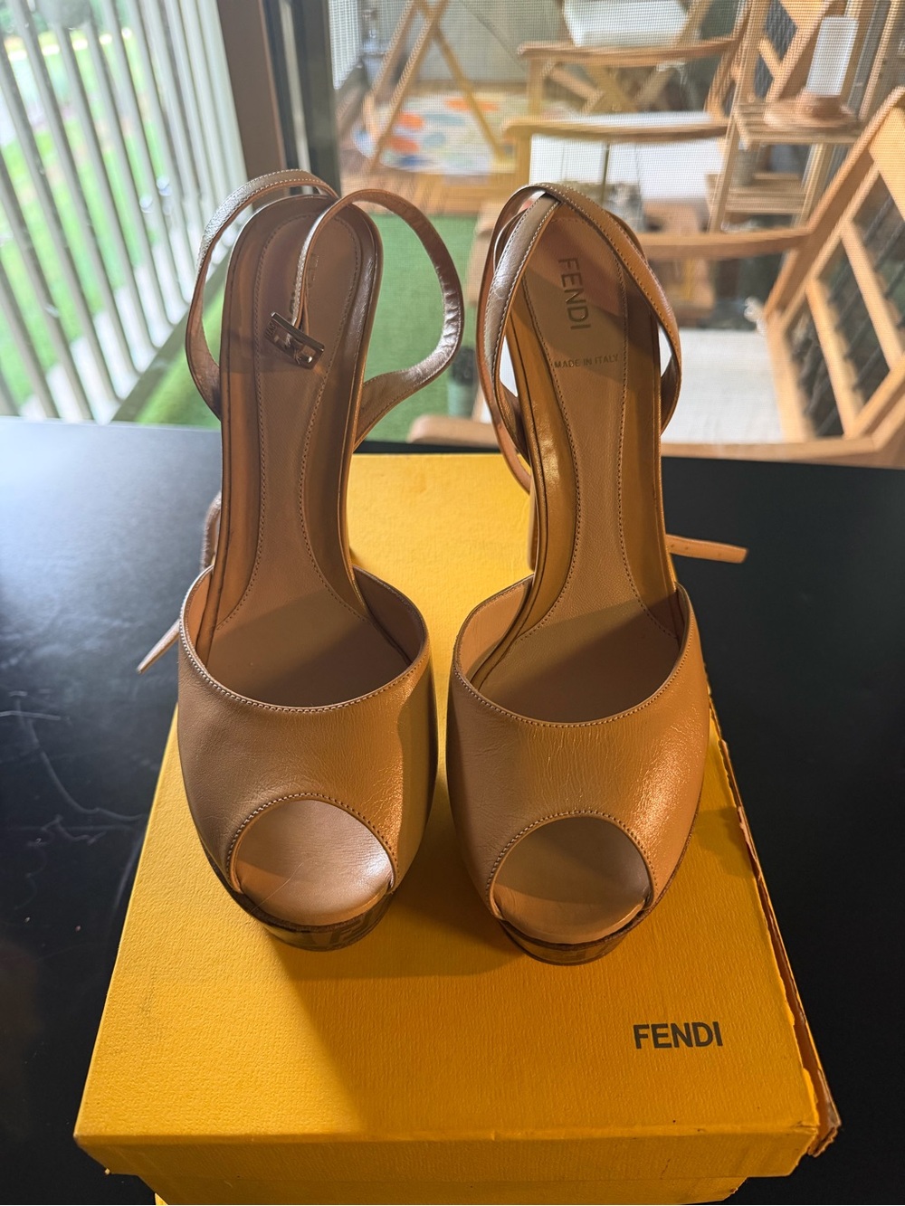 Fendi Nude Leather Peep-Toe Slingback High Heels – Made in Italy